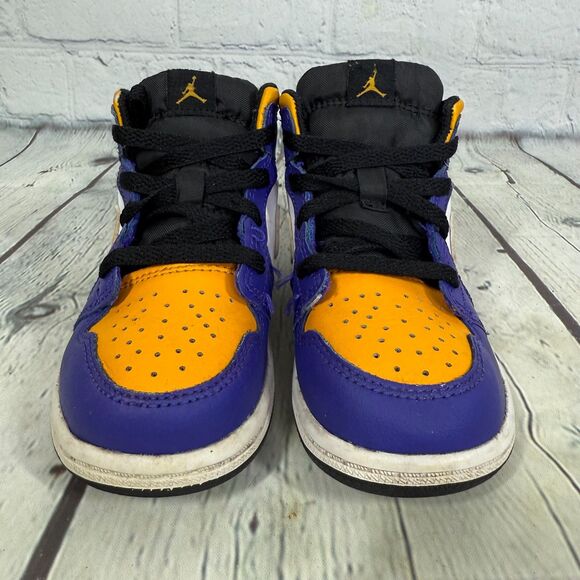 Nike Air Jordan 1 Mid Kids Size 8C Sneakers Blue Yellow Basketball School Shoes - Picture 4 of 11